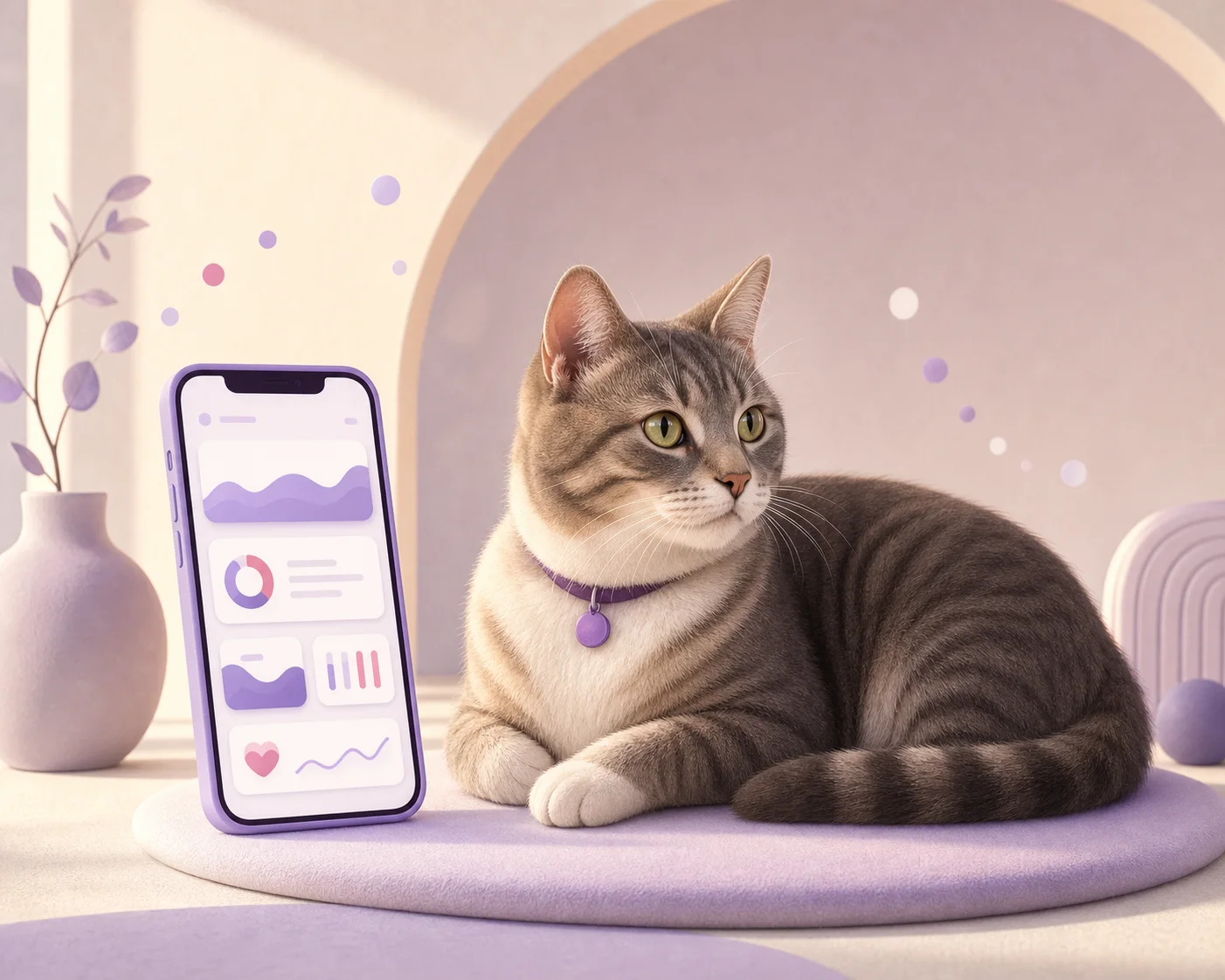 A relaxed cat beside a phone showing Purrli health insights
